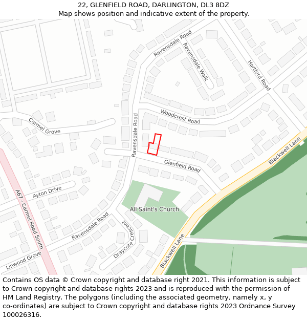 22, GLENFIELD ROAD, DARLINGTON, DL3 8DZ: Location map and indicative extent of plot