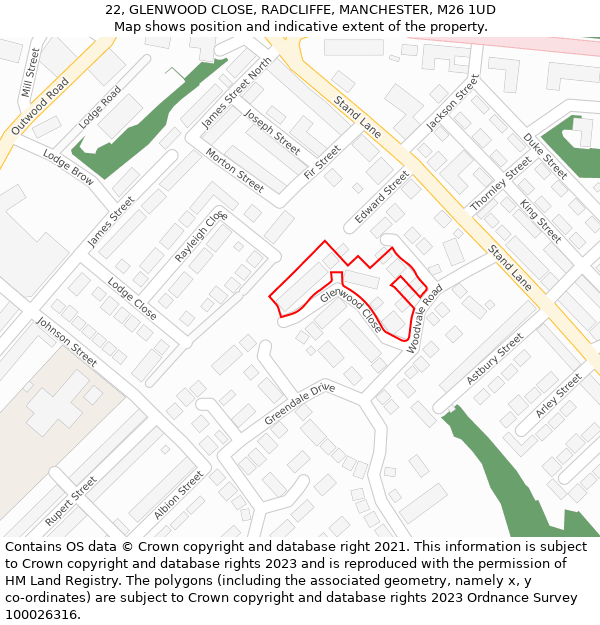 22, GLENWOOD CLOSE, RADCLIFFE, MANCHESTER, M26 1UD: Location map and indicative extent of plot