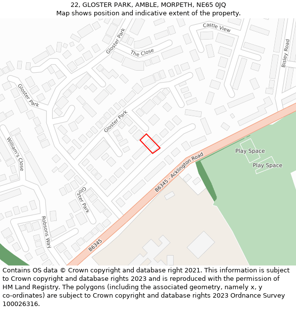 22, GLOSTER PARK, AMBLE, MORPETH, NE65 0JQ: Location map and indicative extent of plot