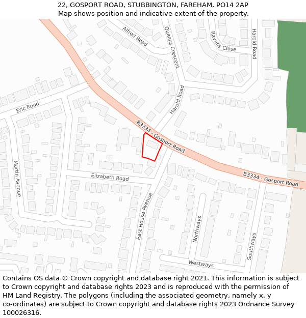 22, GOSPORT ROAD, STUBBINGTON, FAREHAM, PO14 2AP: Location map and indicative extent of plot