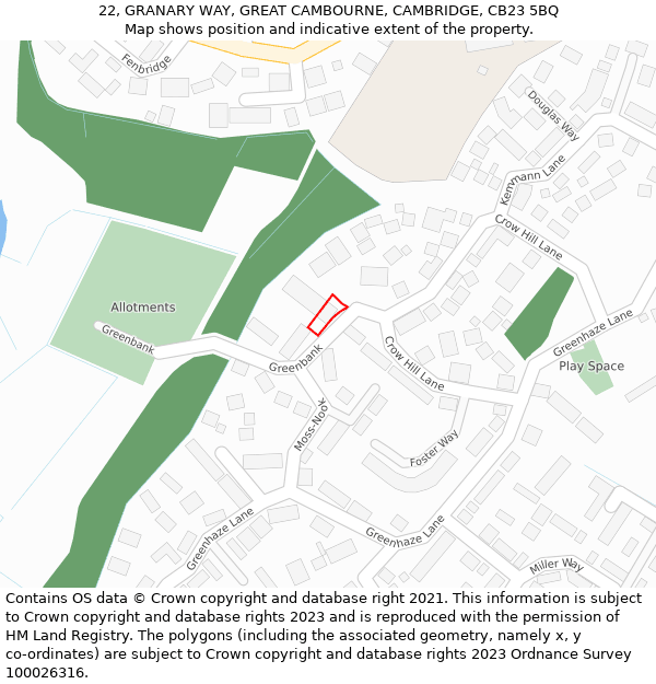 22, GRANARY WAY, GREAT CAMBOURNE, CAMBRIDGE, CB23 5BQ: Location map and indicative extent of plot