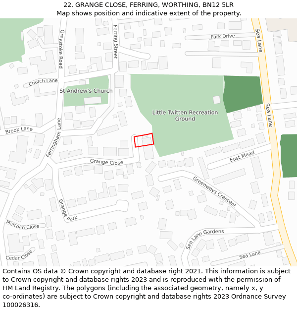22, GRANGE CLOSE, FERRING, WORTHING, BN12 5LR: Location map and indicative extent of plot