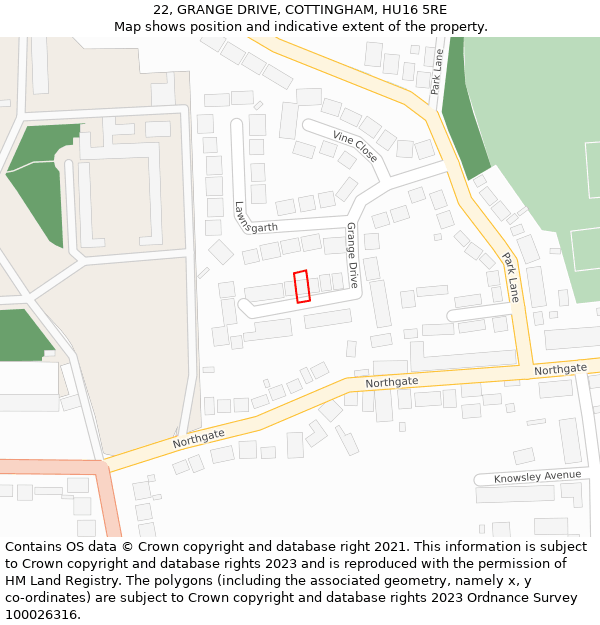 22, GRANGE DRIVE, COTTINGHAM, HU16 5RE: Location map and indicative extent of plot