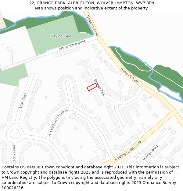 22, GRANGE PARK, ALBRIGHTON, WOLVERHAMPTON, WV7 3EN: Location map and indicative extent of plot