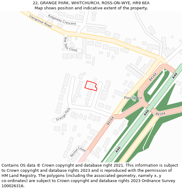 22, GRANGE PARK, WHITCHURCH, ROSS-ON-WYE, HR9 6EA: Location map and indicative extent of plot