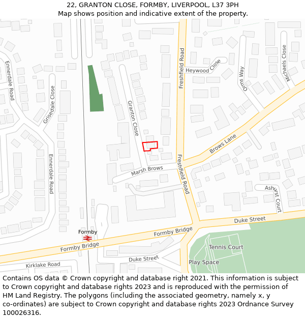 22, GRANTON CLOSE, FORMBY, LIVERPOOL, L37 3PH: Location map and indicative extent of plot