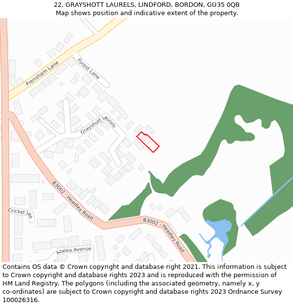 22, GRAYSHOTT LAURELS, LINDFORD, BORDON, GU35 0QB: Location map and indicative extent of plot