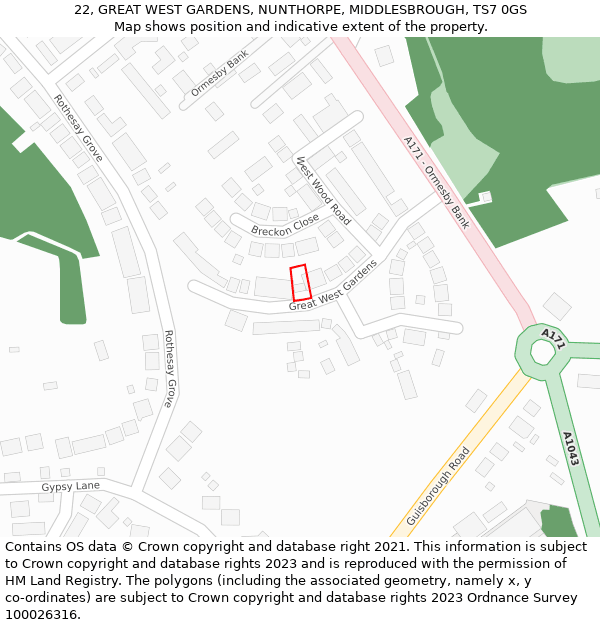 22, GREAT WEST GARDENS, NUNTHORPE, MIDDLESBROUGH, TS7 0GS: Location map and indicative extent of plot
