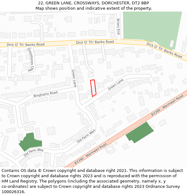 22, GREEN LANE, CROSSWAYS, DORCHESTER, DT2 8BP: Location map and indicative extent of plot