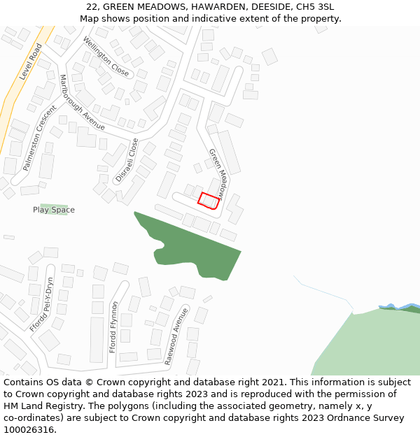 22, GREEN MEADOWS, HAWARDEN, DEESIDE, CH5 3SL: Location map and indicative extent of plot