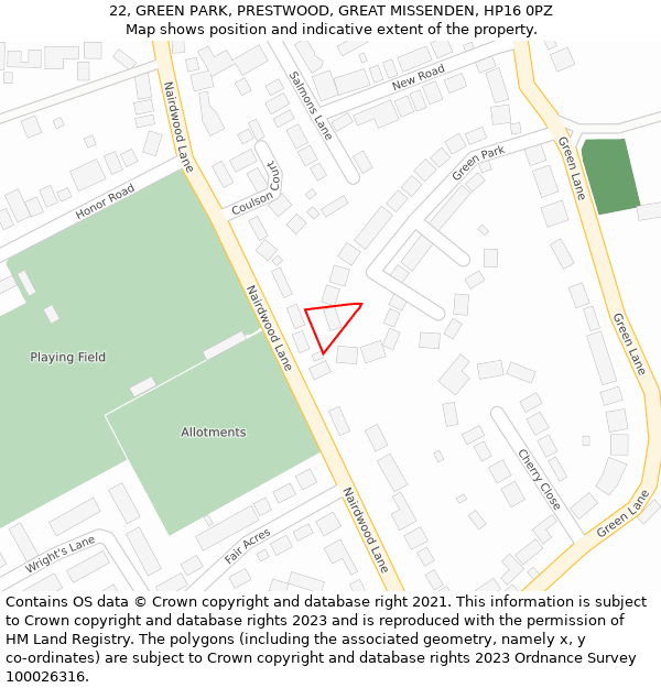 22, GREEN PARK, PRESTWOOD, GREAT MISSENDEN, HP16 0PZ: Location map and indicative extent of plot