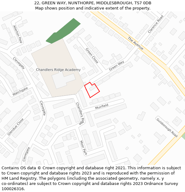 22, GREEN WAY, NUNTHORPE, MIDDLESBROUGH, TS7 0DB: Location map and indicative extent of plot