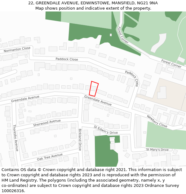 22, GREENDALE AVENUE, EDWINSTOWE, MANSFIELD, NG21 9NA: Location map and indicative extent of plot