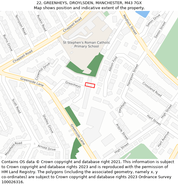 22, GREENHEYS, DROYLSDEN, MANCHESTER, M43 7GX: Location map and indicative extent of plot