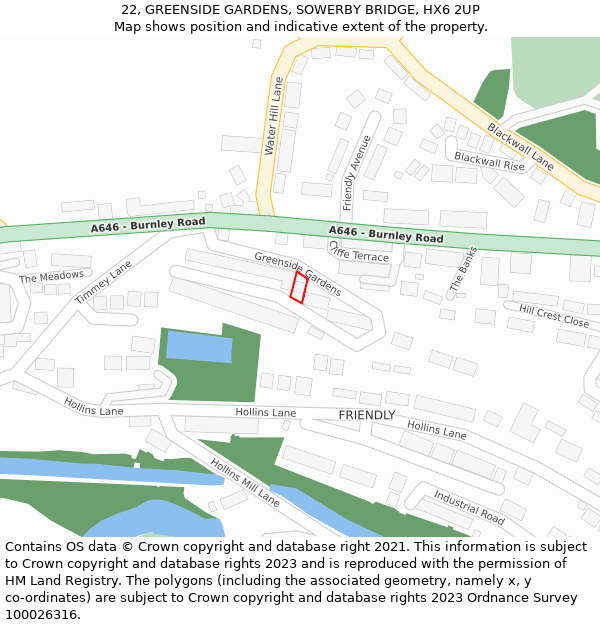 22, GREENSIDE GARDENS, SOWERBY BRIDGE, HX6 2UP: Location map and indicative extent of plot