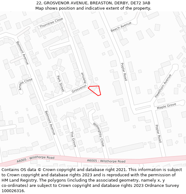 22, GROSVENOR AVENUE, BREASTON, DERBY, DE72 3AB: Location map and indicative extent of plot