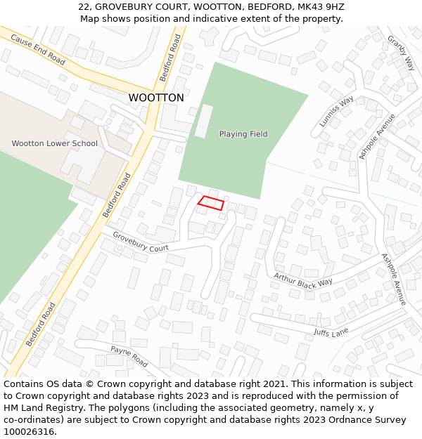 22, GROVEBURY COURT, WOOTTON, BEDFORD, MK43 9HZ: Location map and indicative extent of plot