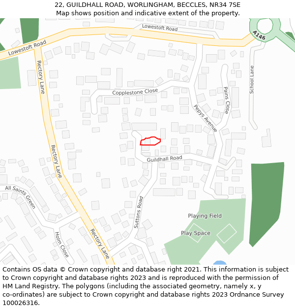 22, GUILDHALL ROAD, WORLINGHAM, BECCLES, NR34 7SE: Location map and indicative extent of plot