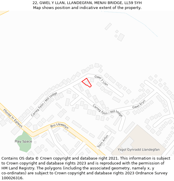 22, GWEL Y LLAN, LLANDEGFAN, MENAI BRIDGE, LL59 5YH: Location map and indicative extent of plot