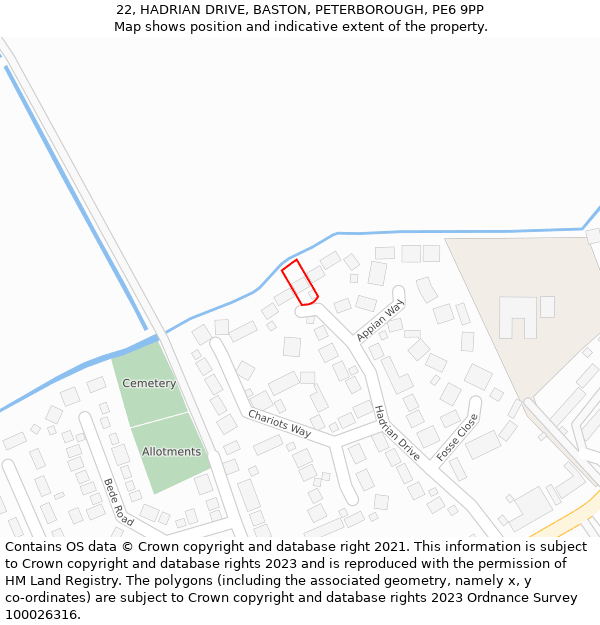 22, HADRIAN DRIVE, BASTON, PETERBOROUGH, PE6 9PP: Location map and indicative extent of plot