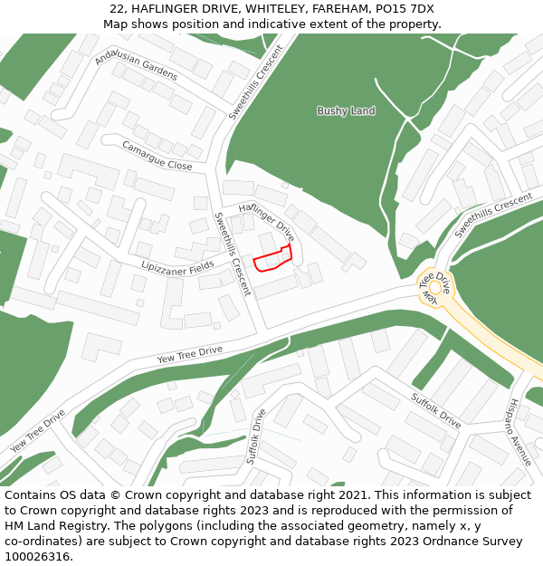 22, HAFLINGER DRIVE, WHITELEY, FAREHAM, PO15 7DX: Location map and indicative extent of plot