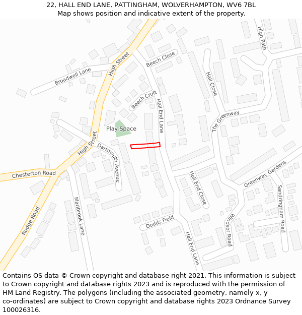 22, HALL END LANE, PATTINGHAM, WOLVERHAMPTON, WV6 7BL: Location map and indicative extent of plot