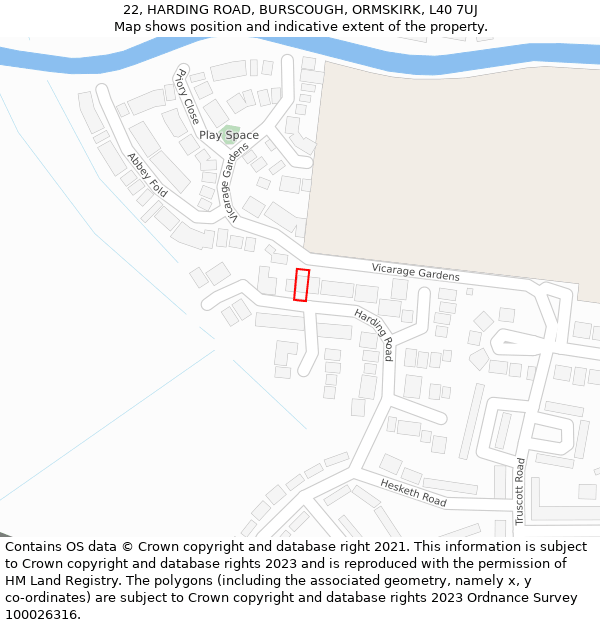 22, HARDING ROAD, BURSCOUGH, ORMSKIRK, L40 7UJ: Location map and indicative extent of plot