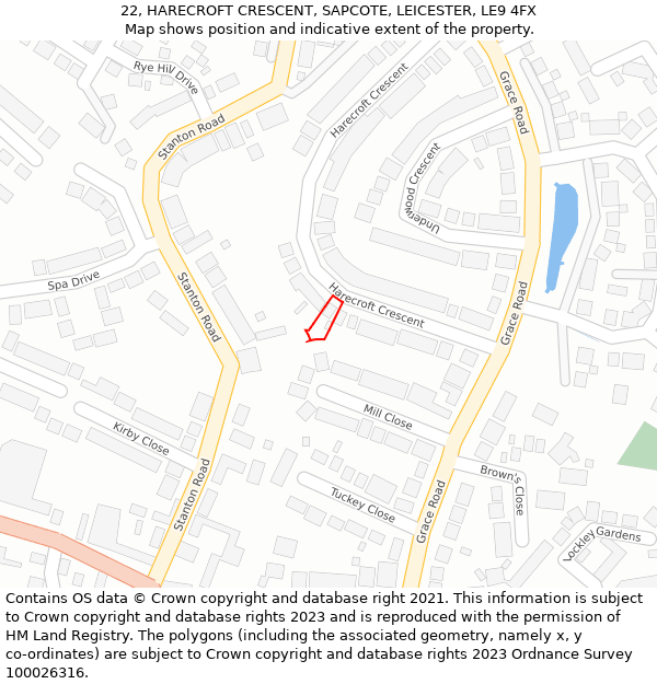 22, HARECROFT CRESCENT, SAPCOTE, LEICESTER, LE9 4FX: Location map and indicative extent of plot