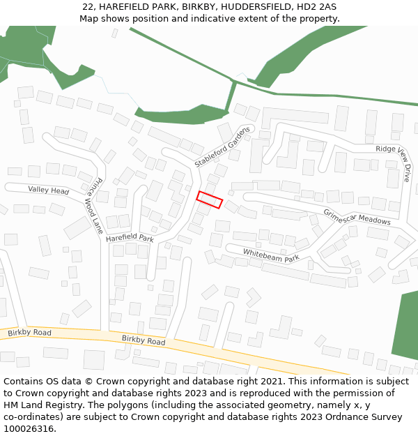 22, HAREFIELD PARK, BIRKBY, HUDDERSFIELD, HD2 2AS: Location map and indicative extent of plot