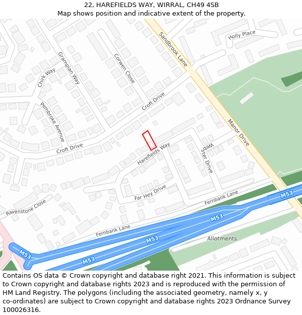 22, HAREFIELDS WAY, WIRRAL, CH49 4SB: Location map and indicative extent of plot