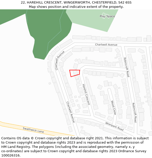 22, HAREHILL CRESCENT, WINGERWORTH, CHESTERFIELD, S42 6SS: Location map and indicative extent of plot