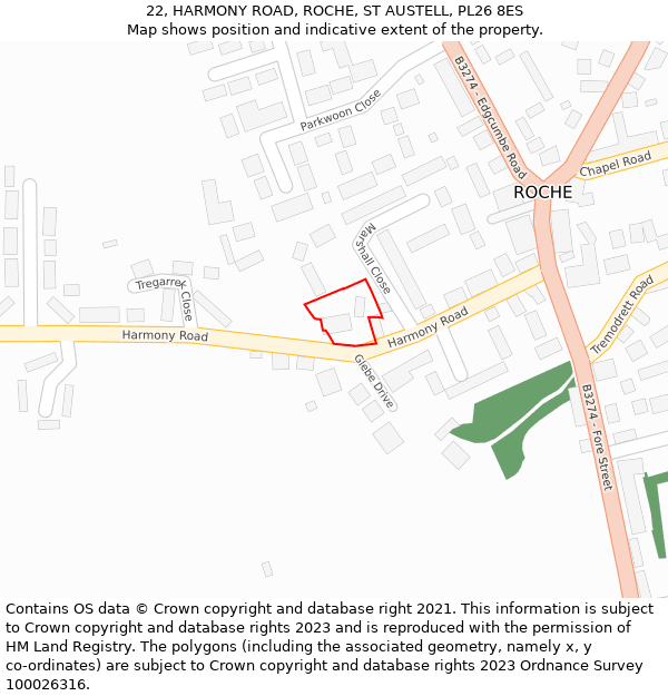 22, HARMONY ROAD, ROCHE, ST AUSTELL, PL26 8ES: Location map and indicative extent of plot