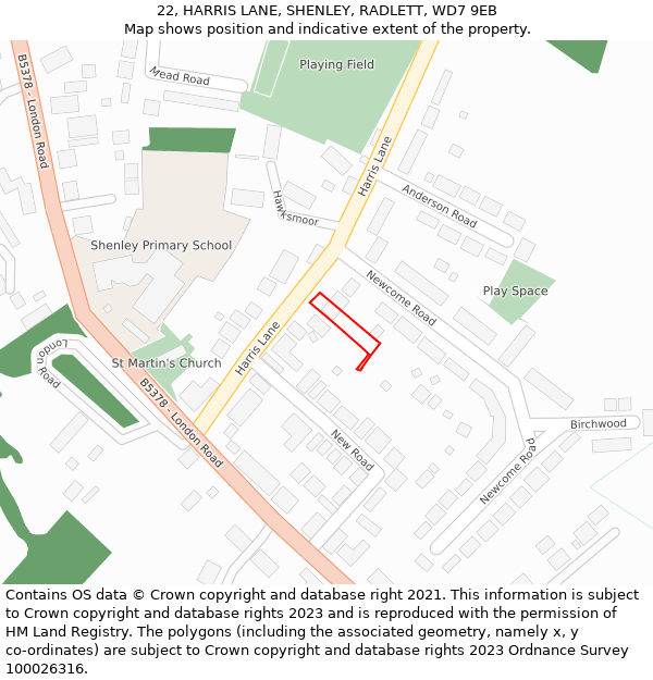 22, HARRIS LANE, SHENLEY, RADLETT, WD7 9EB: Location map and indicative extent of plot