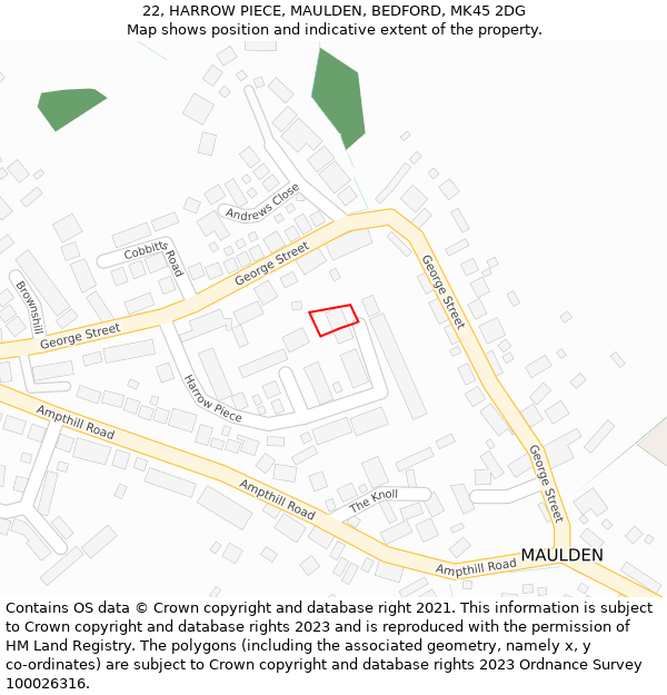 22, HARROW PIECE, MAULDEN, BEDFORD, MK45 2DG: Location map and indicative extent of plot