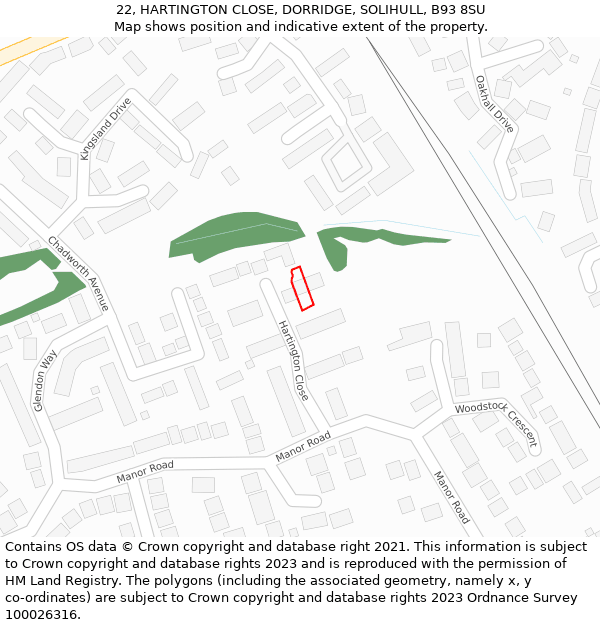 22, HARTINGTON CLOSE, DORRIDGE, SOLIHULL, B93 8SU: Location map and indicative extent of plot