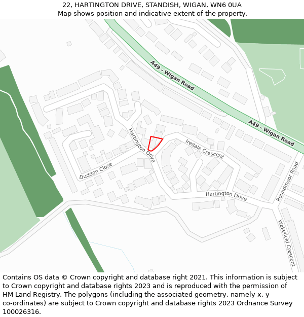 22, HARTINGTON DRIVE, STANDISH, WIGAN, WN6 0UA: Location map and indicative extent of plot