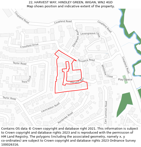 22, HARVEST WAY, HINDLEY GREEN, WIGAN, WN2 4GD: Location map and indicative extent of plot