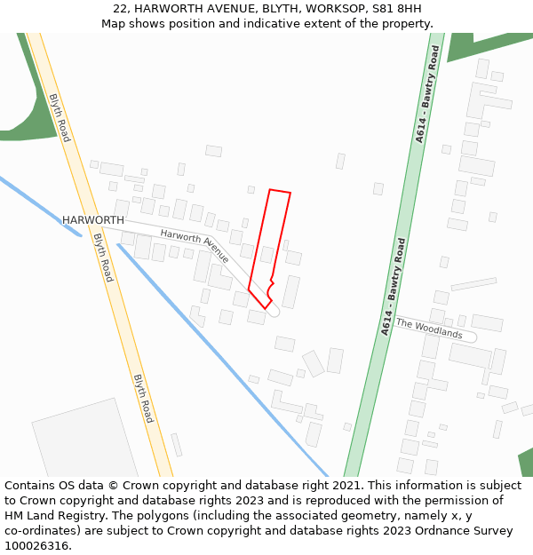 22, HARWORTH AVENUE, BLYTH, WORKSOP, S81 8HH: Location map and indicative extent of plot