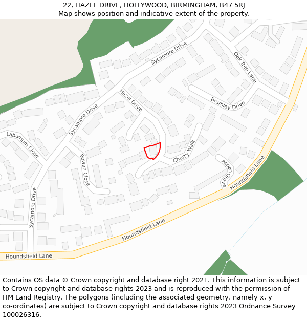 22, HAZEL DRIVE, HOLLYWOOD, BIRMINGHAM, B47 5RJ: Location map and indicative extent of plot