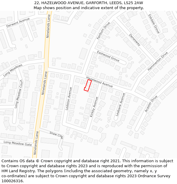 22, HAZELWOOD AVENUE, GARFORTH, LEEDS, LS25 2AW: Location map and indicative extent of plot