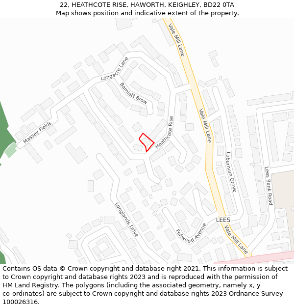 22, HEATHCOTE RISE, HAWORTH, KEIGHLEY, BD22 0TA: Location map and indicative extent of plot