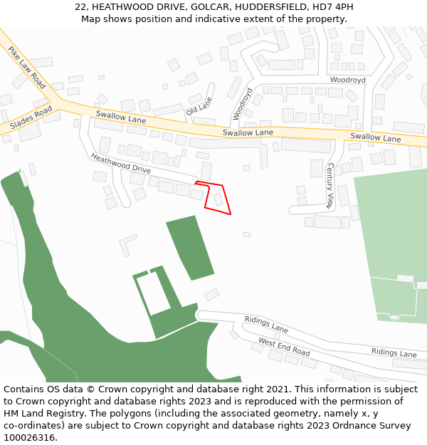 22, HEATHWOOD DRIVE, GOLCAR, HUDDERSFIELD, HD7 4PH: Location map and indicative extent of plot