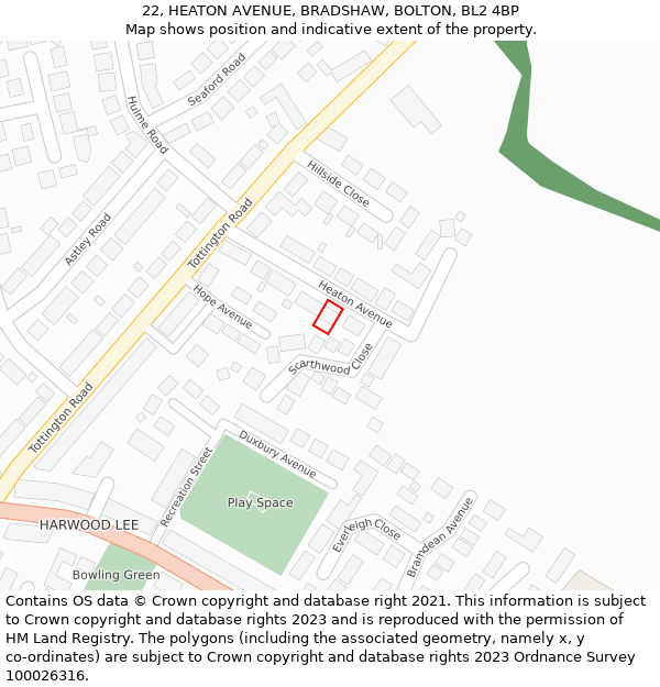 22, HEATON AVENUE, BRADSHAW, BOLTON, BL2 4BP: Location map and indicative extent of plot