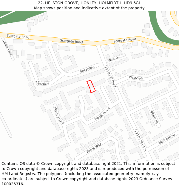 22, HELSTON GROVE, HONLEY, HOLMFIRTH, HD9 6GL: Location map and indicative extent of plot