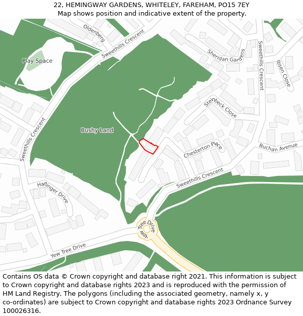 22, HEMINGWAY GARDENS, WHITELEY, FAREHAM, PO15 7EY: Location map and indicative extent of plot