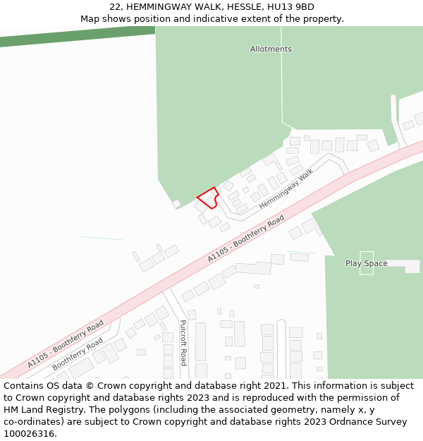 22, HEMMINGWAY WALK, HESSLE, HU13 9BD: Location map and indicative extent of plot