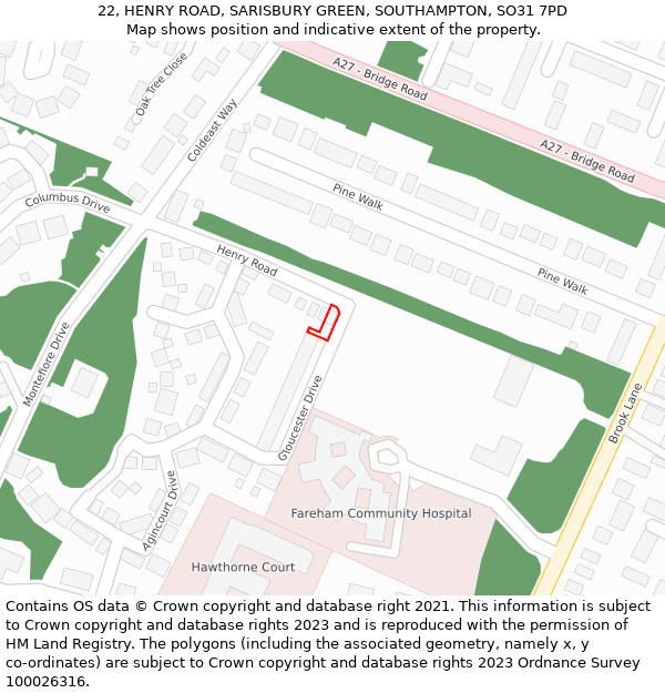 22, HENRY ROAD, SARISBURY GREEN, SOUTHAMPTON, SO31 7PD: Location map and indicative extent of plot