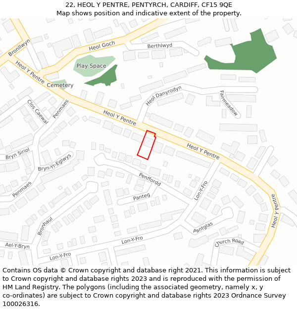 22, HEOL Y PENTRE, PENTYRCH, CARDIFF, CF15 9QE: Location map and indicative extent of plot