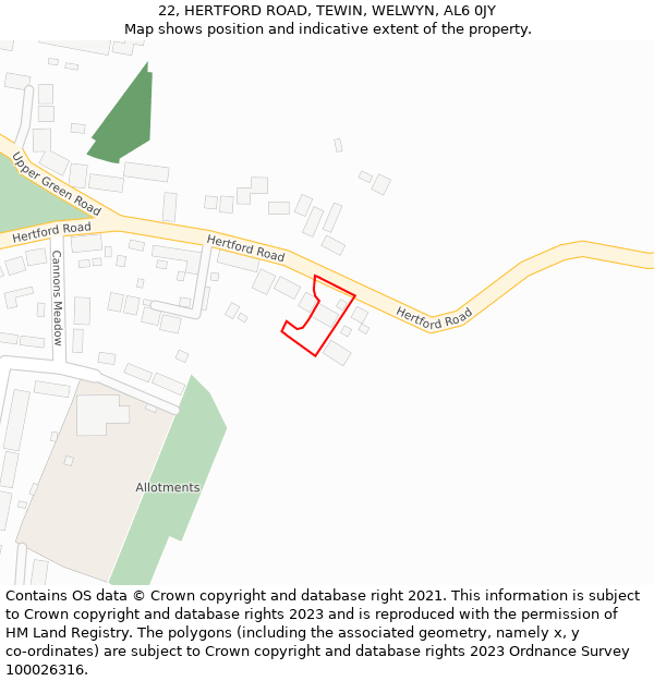 22, HERTFORD ROAD, TEWIN, WELWYN, AL6 0JY: Location map and indicative extent of plot