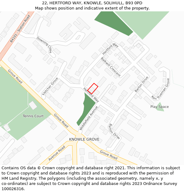 22, HERTFORD WAY, KNOWLE, SOLIHULL, B93 0PD: Location map and indicative extent of plot